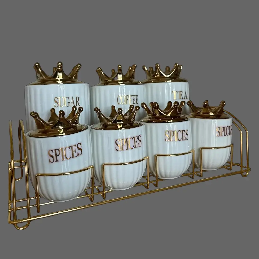 7-Piece Ceramic Kitchen Canister Set - White and Gold with Crown Lids for Sugar, Coffee, Tea, Spices