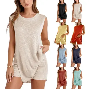 Women's Summer Sweater Set Sleeveless Knitted Hoodie Top with Shorts 2-piece Set Beach Degree PretendRAIMENTRY