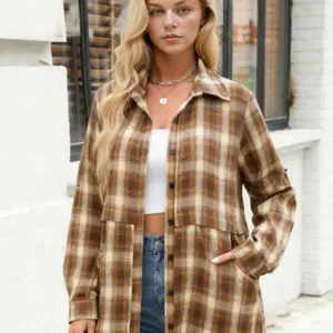 Women's Plaid Shirt Casual Long Sleeve V-Neck Button-Up Oversize Loose Fit Tunika S-XXL for Autumn Winter