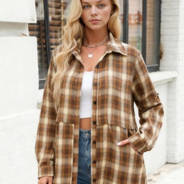 Women's Plaid Shirt Casual Long Sleeve V-Neck Button-Up Oversize Loose Fit Tunika S-XXL for Autumn Winter