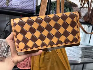Genuine hand painted leather & cowhide crossbody wallet- brown checkered