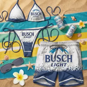 Light Tropical Matching Couple Swimsuit Set, Funny Beer Lover Bikini & Men's Swim Trunks, Hawaiian Beach Vacation Outfit, Gift For Him Her