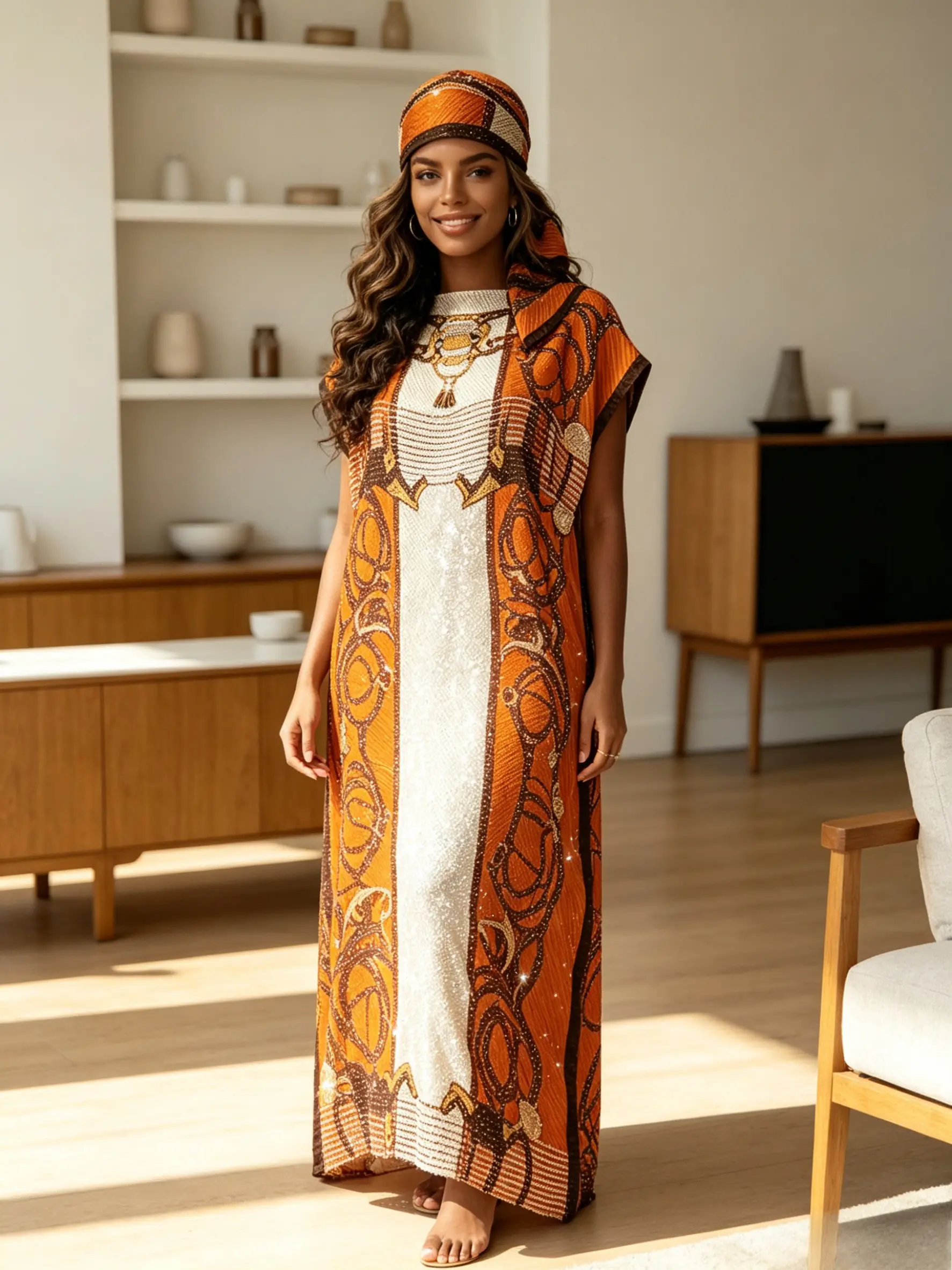 1 robe+1 scarf orange white contrasting chain totem hot stamping craft robe dress set large size boat collar loose flesh covering long dress+1 scarf bright and luxurious vacation style long dress Chic