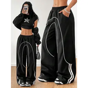 GirlsBackToSchoolAthleisureWovenTapeBlackWideLegSweatpantsJoggers