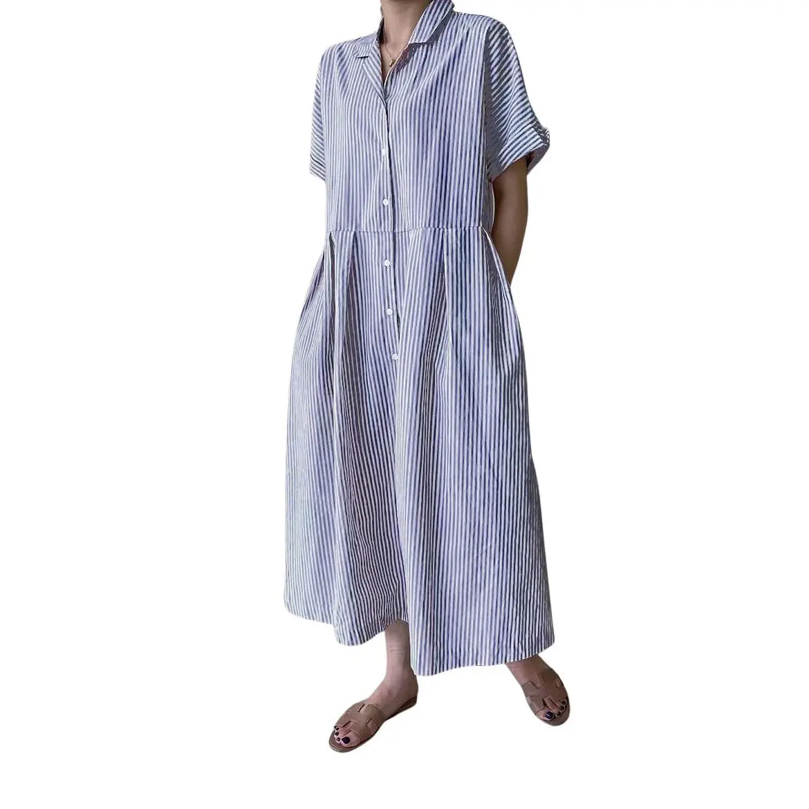 Chouyatou Women's Casual Chic Cotton Short-Sleeve Striped Button-Down Midi-Length Straight-Fit Ready-to-Wear Women's Clothing Dress, Shortsleeve