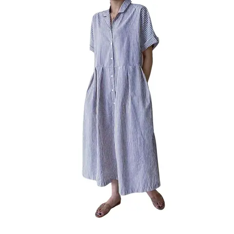 Chouyatou Women's Casual Chic Cotton Short-Sleeve Striped V-Neck Button-Down Midi-Length Straight-Fit Ready-to-Wear Dress, Ideal for Brunch Outfit Ideas, Wedding Guest Outfit, Going Out