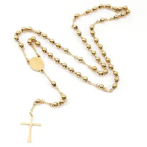 2025 New vintage 4mm golden stainless steel rosary cross necklace Sweater necklace gift