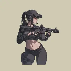 Tactical Anime Girl Sticker, Female Fighter With Long Black Hair In a Fitted Black Tactical Outfit, Vinyl Laptop & Car Sticker