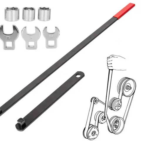 8PCS Serpentine Belt Tensioner Wrench Tool Kit - 3/8"-1/2" Drive, 23" Main Handle, 9" Aux Handle, 18mm, Adjustable Rod, Angle Access, Spring Loaded Idler Pulley Tension Release, Chrome Vanadium Steel, Mechanic Tools, Universal Auto Engine DIY Maintenance
