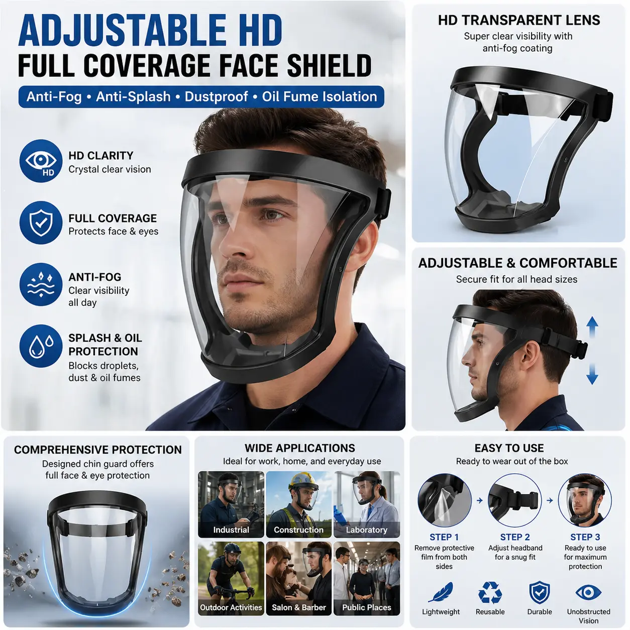 Adjustable HD Full Coverage Face Shield - 1pc Protective Anti-Fog Face Shield, HD Transparent Protective Mask, Droplet Dust Oil Fume Isolation Cover, Full Face Shield