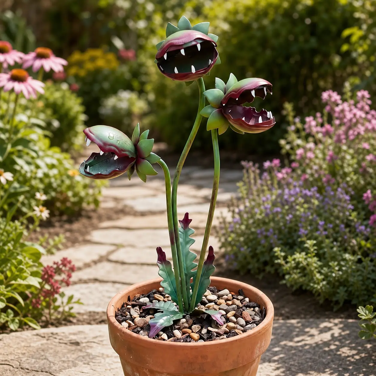 Whimsical Metal Carnivorous Plant Garden Stake - 25 in Large Monster Plant Sculpture, Durable Garden Decor for Flower Beds, Patio, Lawn