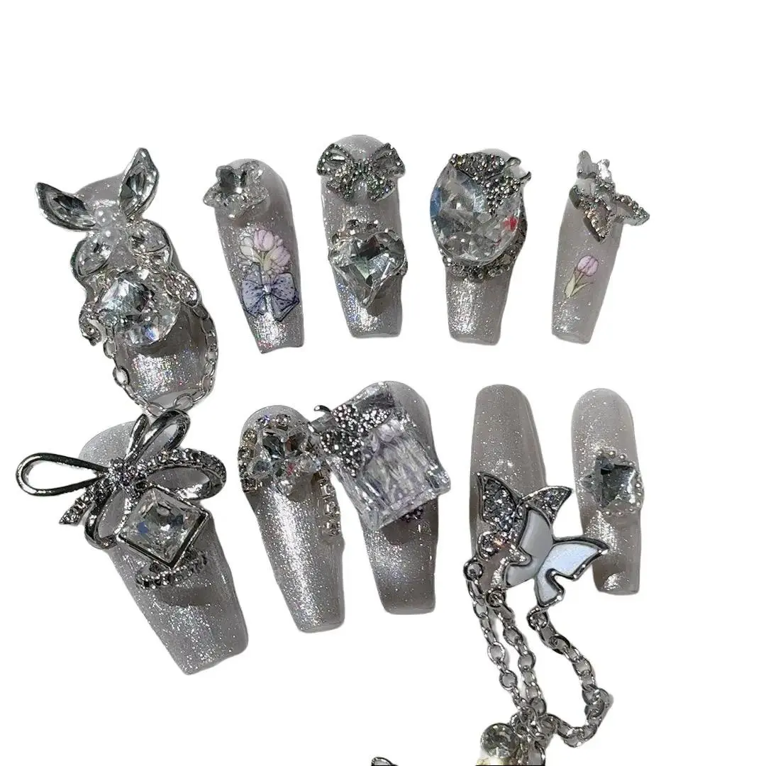 J33 Hand-wear nail nail patch finished with light luxury silver super flash tulip bow press-on nail