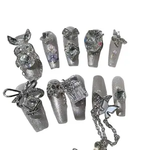 J33 Hand-wear nail nail patch finished with light luxury silver super flash tulip bow press-on nail