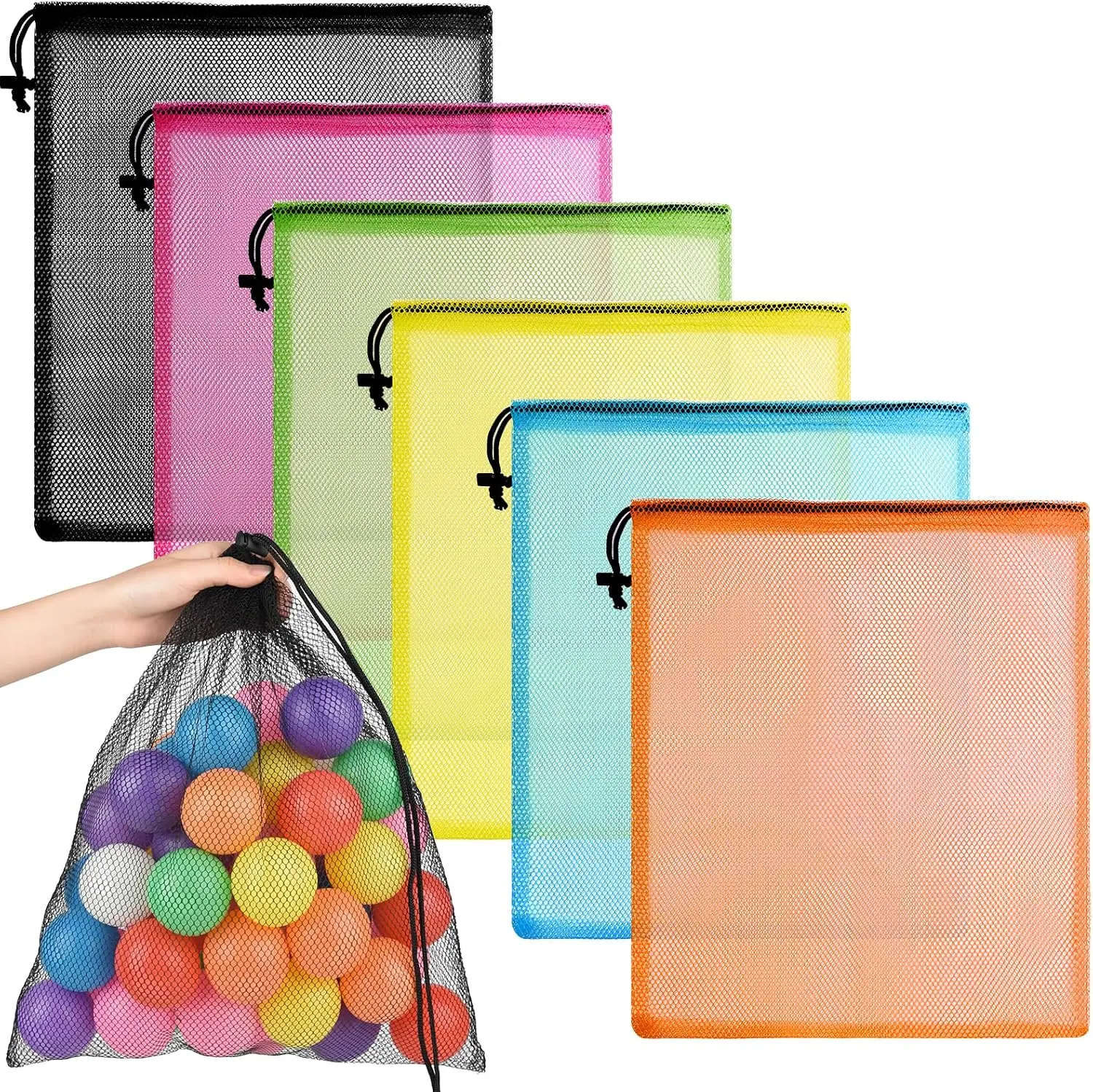6 Pcs Mesh Bag Drawstring Mesh Beach Bags, 18 x 12 Inch Nylon Drawstring Bag for Pool Beach Ball Toys Storage Bag for Collecting Travel Sports Gym (Multicolor)