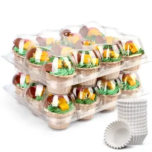 Cupcake Containers 12 Count, 12 Sets, Plastic Dozen Cupcake Boxes, Disposable Cupcake Carrier Holder with Detachable Tall Dome Lid, BPA Free, Standard Size