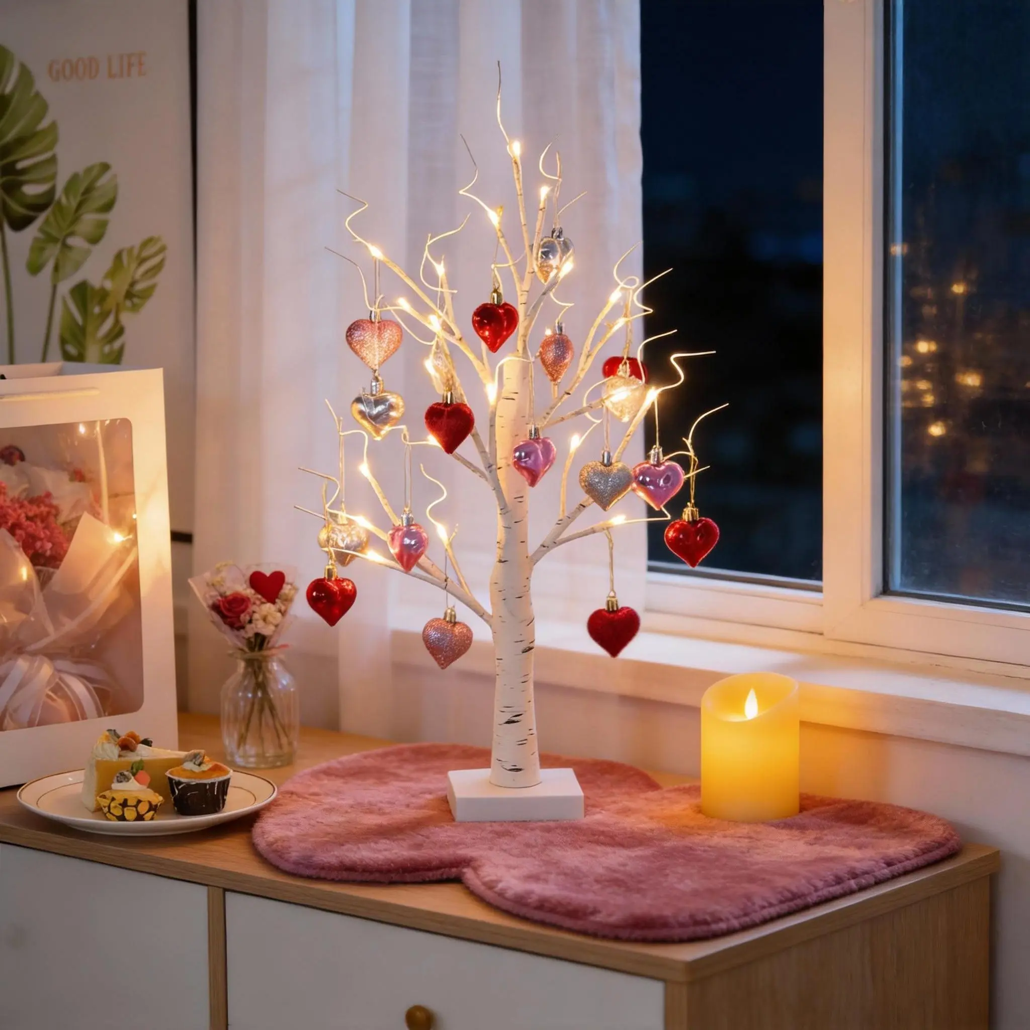 Valentine's Day Plastic Heart-Shaped Birch Tree Fairy Lights - 18 Heart Ornaments, Easy Installation, Battery+USB Powered, Indoor Ambiance Accent Light for Wedding Decorations, Living Room