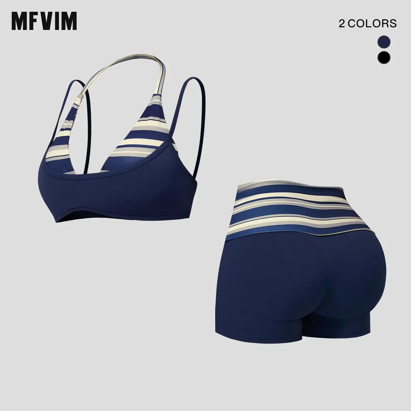 MFVIM Women’s New Color-Block Striped Halter Yoga Set — Two-Piece Outfit with Shoulder Straps, Back-Enhancing Design, Folded Waistband, High-Stretch Sports Shorts