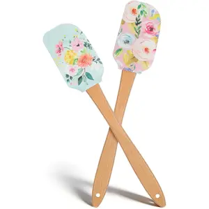 2 count Floral  Spatula Set with Wooden Handle, Heat Resistant Rubber Scraper for Baking Cake Mixing, Non-Stick Kitchen Utensils for Cooking, Flower  11.8 Inch