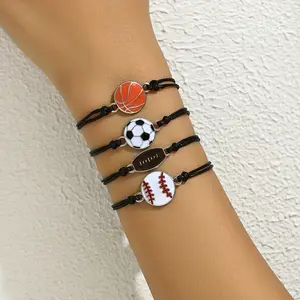 4pcs/set Minimalist Wax Cord Braided Basketball Football Baseball Rugby Pendant Lanyard, Fan Party Gift Bracelet for Women and Men, Adjustable Handwoven Sports Bracelet, party gifts，party decoration