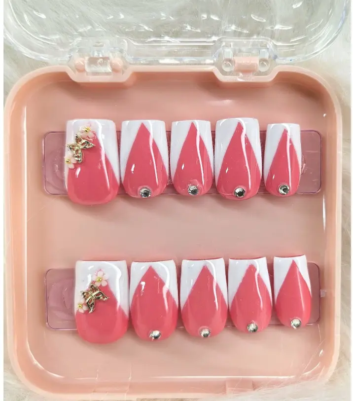JAN'S BLESSED HANDS PRESS ON French Tip Nail Art Set Pink & White Square Style Luxury Multicolor