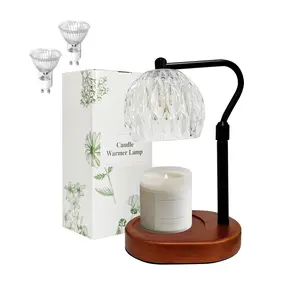 Flameless Scented Candle Warmer Black Metal Arm Dark Wood Base Spherical Glass Shade Adjustable Height Wax Melter for Living Room Bedroom Elegant Aesthetic Design Safe Fragrance