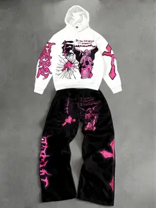 Tiktok Trending Y2K Graphic Geometric Pattern Two-Piece Set, Angel & Cross Print Short Hoodie and Loose Pants, Casual Home Wear for Daily & Party