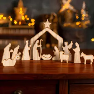 13-Piece Christmas Decor Set, Wooden Nativity Scene Kit, Rustic Tabletop Ornament, Religious Manger Display, Easy Assembly, Ideal Gift