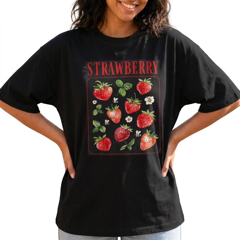 Cottagecore Strawberry Botanical Women 100% Cotton Tee Farmers Market Fruit Graphic T-Shirt