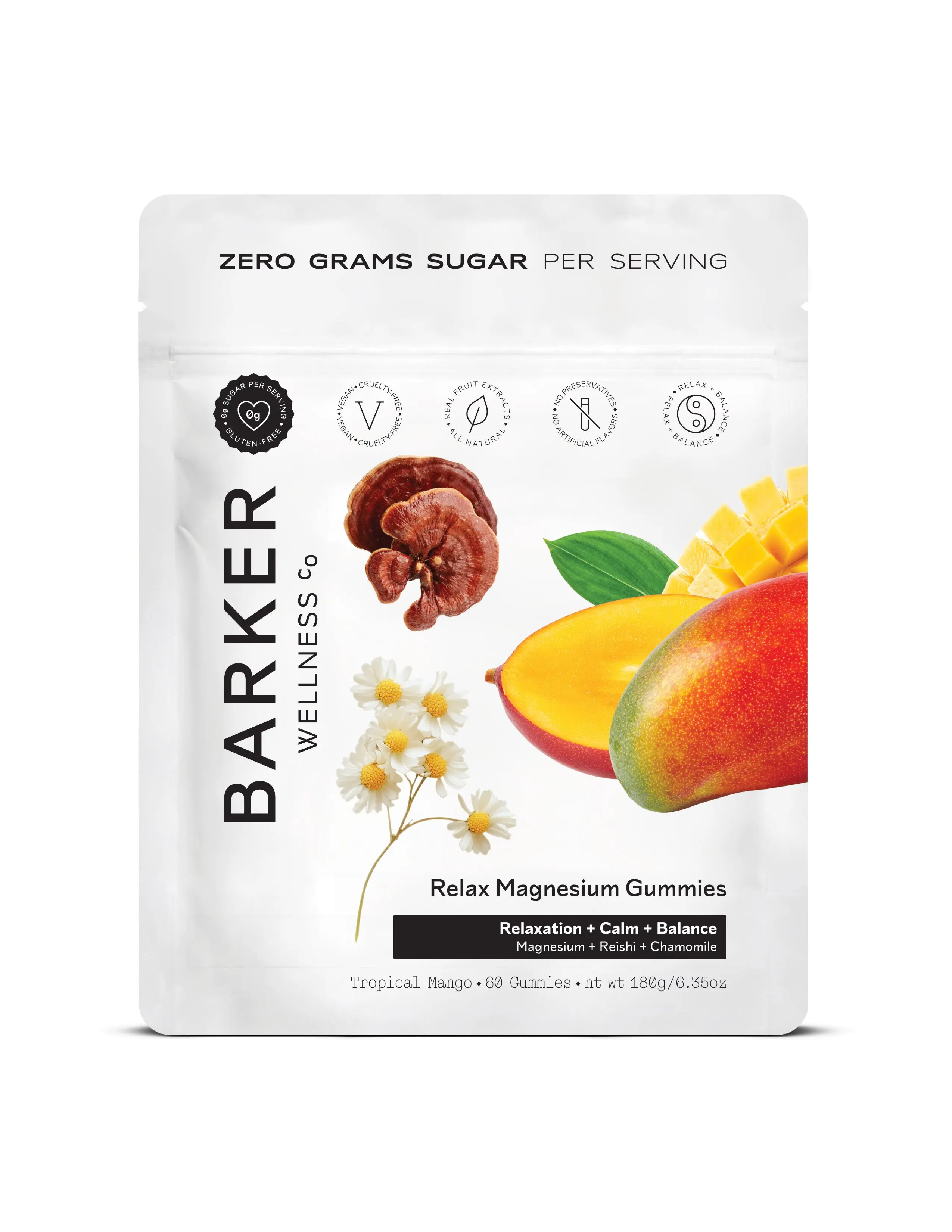 Barker Wellness Relax Magnesium Gummies - Tropical Mango Flavor - Vegan, Sugar-Free - High-Potency Magnesium & Reishi Mushroom - 60 Gummies Healthcare Fitness Dietary
