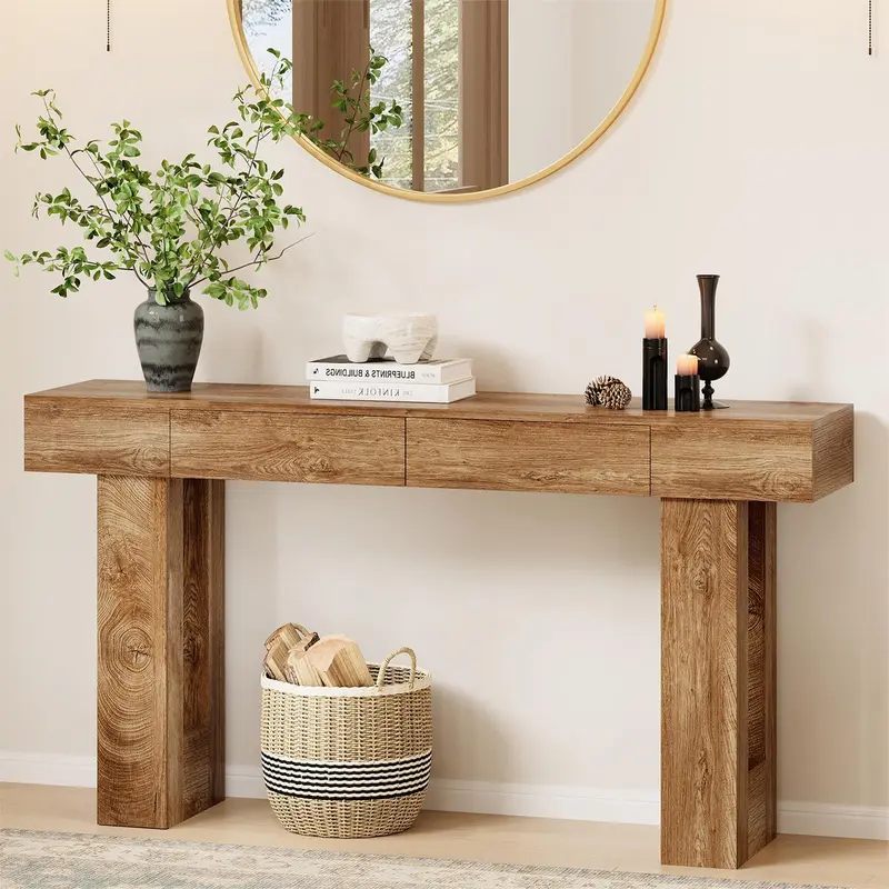 IRONCK 63 inches Freestanding Modern Entryway Table - Wooden Console Table with 2 Hidden Drawers, Farmhouse Rectangular Tabletop Furniture for Hallway, Living Room, House Decor (Includes Assembly Guide, All Necessary Components)