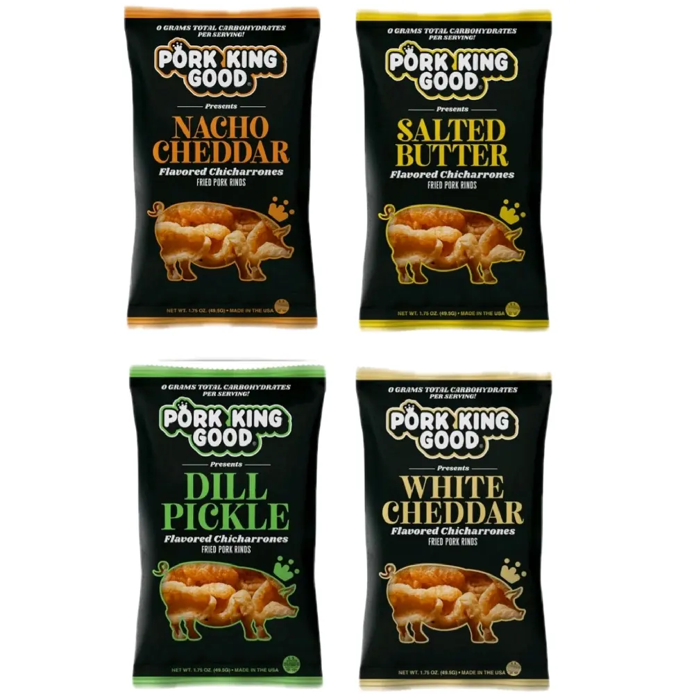 Pork King Good Flavored Chickahrones - Nacho Cheddar, Salted Butter, Dill Pickle, White Cheddar - 0g Total Carbohydrates 4-pack