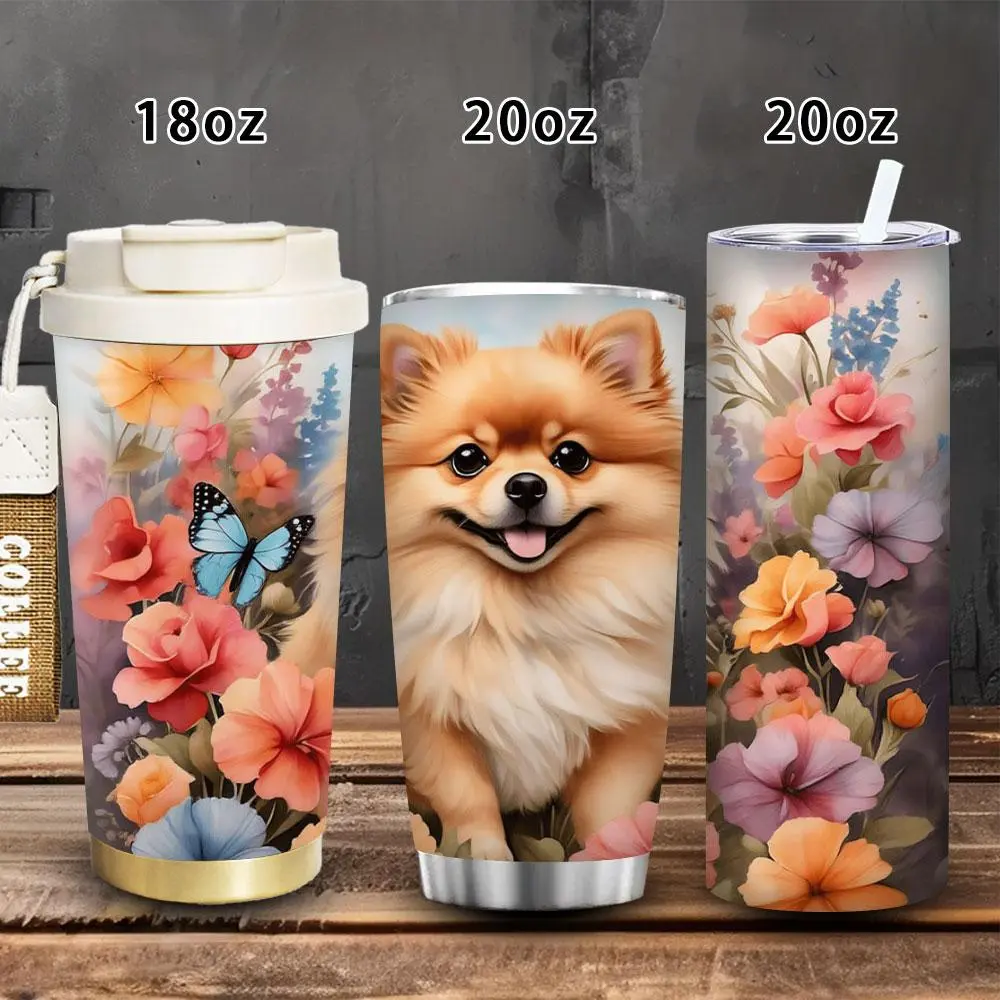 1pc Colorful Floral Pomeranian Artwork Vacuum Flask Tumbler - 18oz/20oz, Leak-Proof, Lid & Straw Included, Winter Insulated Travel Mug, Ideal Easter/Birthday Gift for Women & Adults, Hot/Iced Coffee Cup