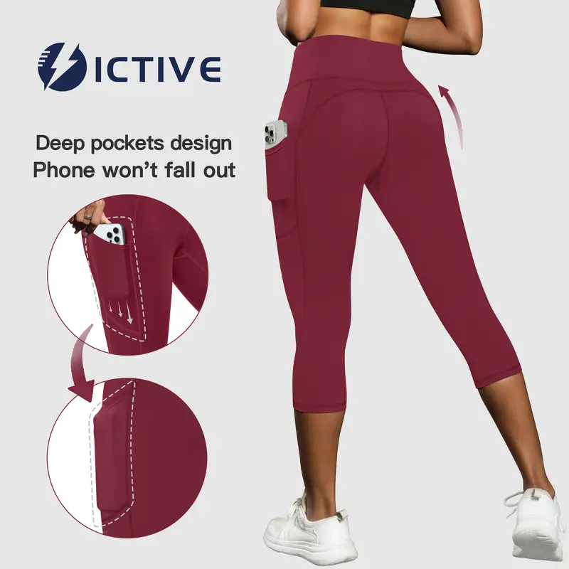 ICTIVE Leggings Women - High Waisted Tummy Control Capri Leggings with Pockets, Soft Athleisure Wear for Yoga, Gym, Womens Fitness Workout Outfit Inspo, Sporty Chic Sports Bottoms, Womens Only Gym Clothing, Body Goals, French Terry, Women's Clothes, Cloth