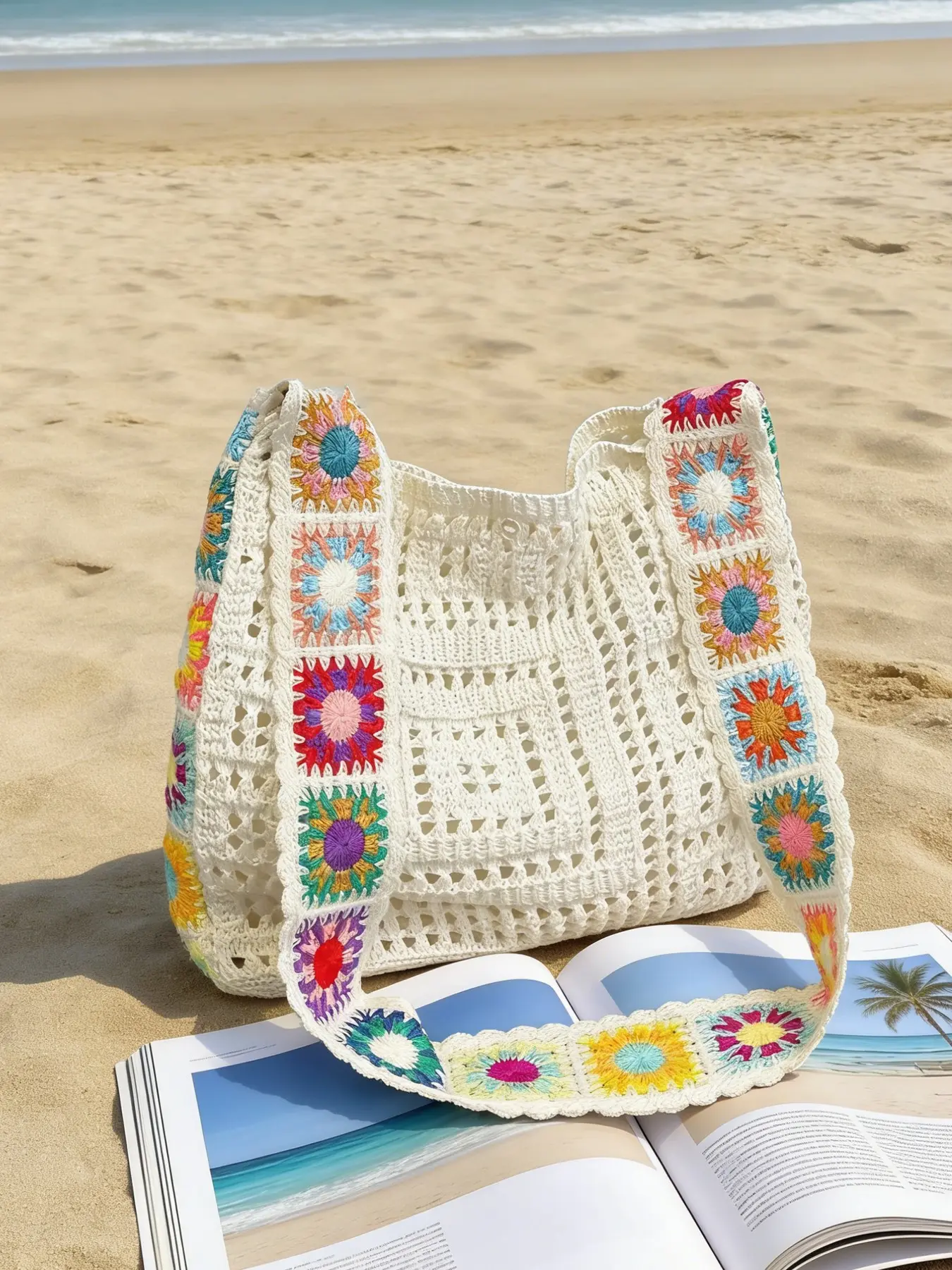 Handmade Crochet Granny Square Tote Bag, Colorful Patchwork Knit Shoulder Bag, Boho Style Crossbody, Bohemian Crossbody Bag, Large Capacity Beach Bag for Vacation & Daily Use, Boho Aesthetic Handbag for Women