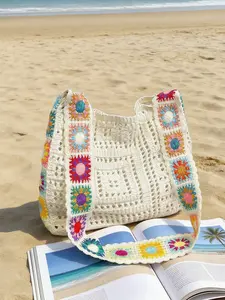 Handmade Crochet Granny Square Tote Bag, Colorful Patchwork Knit Shoulder Bag, Large Capacity Hollow Out Beach Bag for Vacation & Daily Use, Boho Aesthetic Handbag for Women