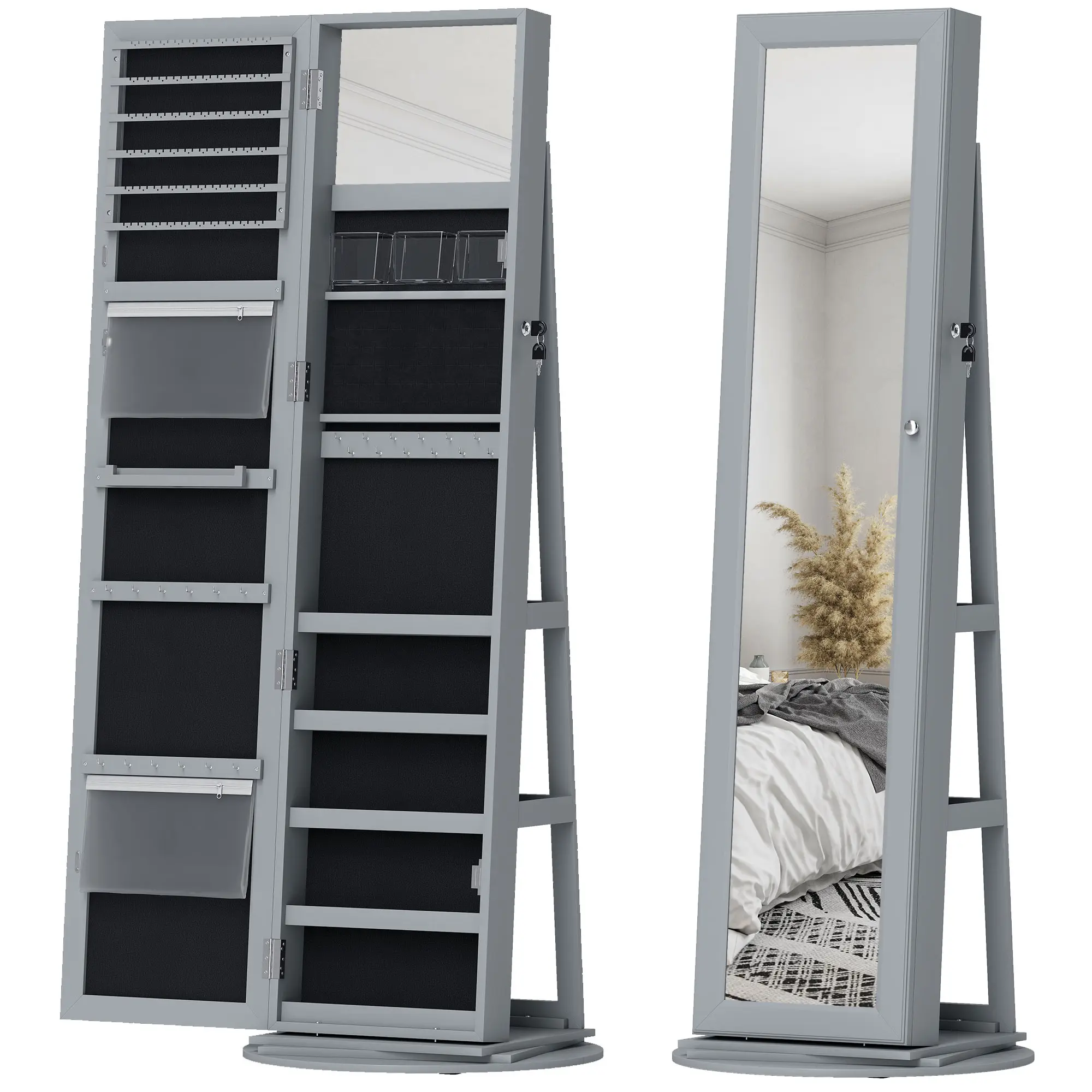 HOMCOM 360° Swivel Lockable Jewelry Cabinet Armoire Organizer with Full-Length Mirror, Interior Small Mirror, Storage Shelves for Bedroom, Living Room