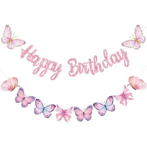 Shimmers Pink Happy Birthday Banner with Butterfly Theme Decorations for Girls, Glitter Birthday Banner with Flying Theme Garlands for Kids Party, Baby Shower, Theme Party Decor