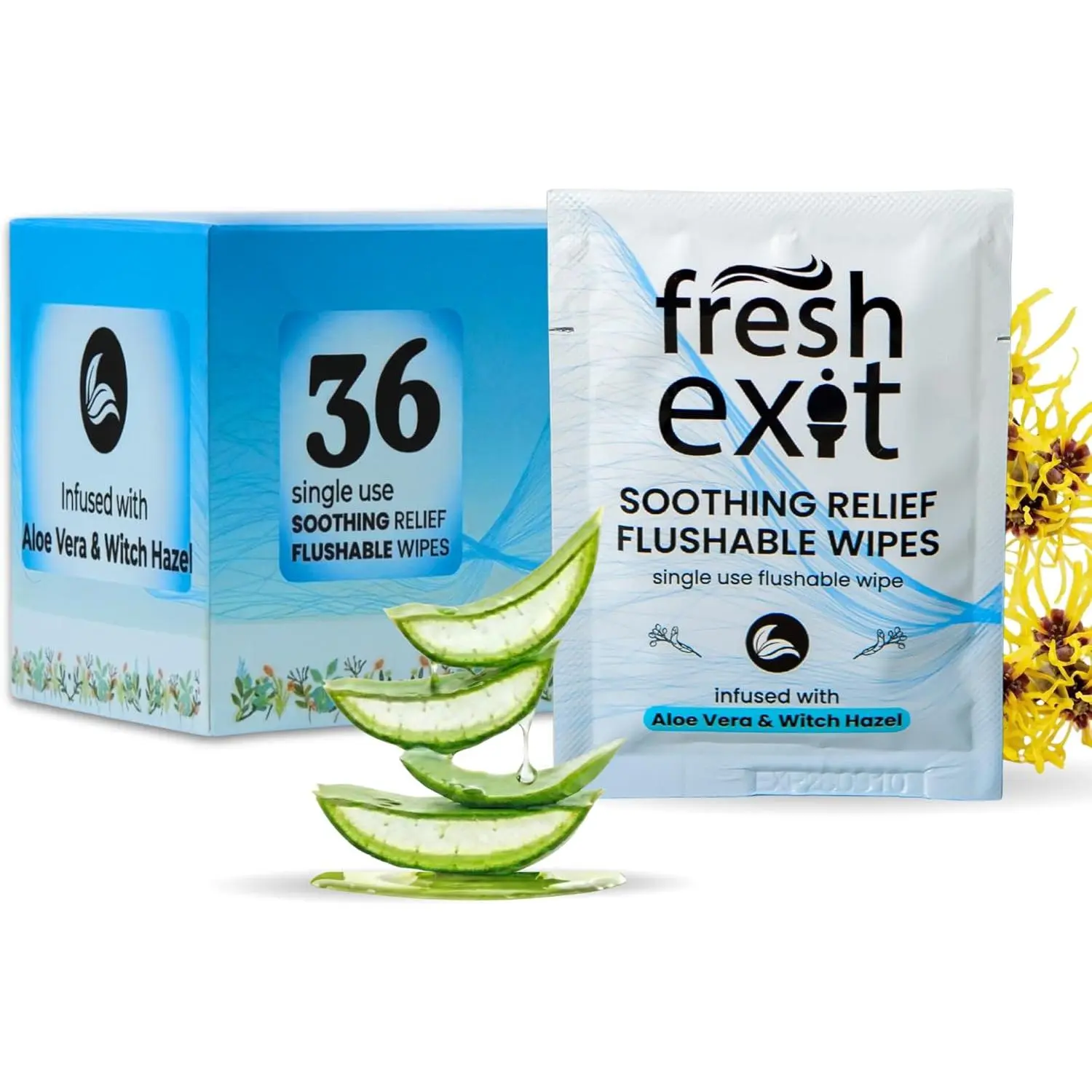 Fresh Exit Hemorrhoid Relief Wipes | Flushable Witch Hazel & Aloe Wipes | Individually Wrapped Personal Cleansing Wipes | 36 Count