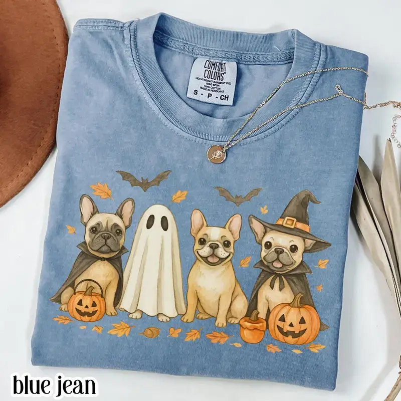Comfort Colors Halloween French Bulldog T-Shirt, Cute Frenchie Halloween Shirt, French Bulldog Ghost Witch Vampire Tee, Spooky Season Dog Mom Gift, Fall Graphic Tee