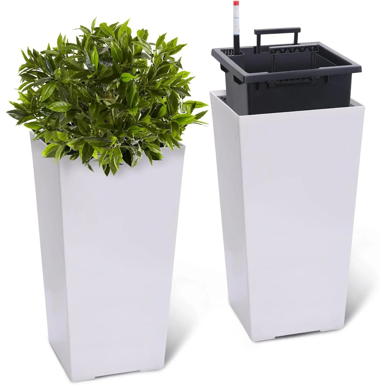 23in Tall Tapered Large Flower Pots Set of 2 with 2 Trays - Auto-Watering Plant Decor for Container Gardening, All Seasons Indoor/Outdoor Home Office, Built-in Drainage Holes, Water Level Monitor, Inner Bucket, White