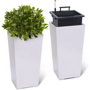 23" Tall Planters Set of 2, Planters for Outdoor / Indoor Plants, Modern Plant Pots with Drainage Holes and Water Level Monitor and Inner Bucket, Automatic Watering, Convenience Instill, White