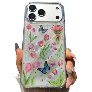 Handmade Phone Case Elegant Tulip Sparkling Sequins Decoration Protective Cover for iPhone 17 16 15 14 13 12 11 Pro Max