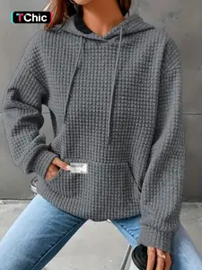 Women's Letter Patched Textured Drop Shoulder Hoodie, Fashion Casual Long Sleeve Drawstring Pocket Hooded Sweatshirt for Daily Holiday Outdoor Wear, Women Clothing for Fall & Winter