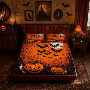 Halloween Pumpkin & Bat Fitted Sheet 3-Piece Set (1 Fitted Sheet + 2 Pillowcases, No Pillow Insert Included), Dark Gothic Halloween Style, Breathable Deep Pocket Design, Soft & Skin-Friendly Fabric, Ideal for Adult & Teen Bedroom and Halloween Party Decor