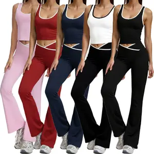 Women's Two-Piece Set Colorblock Contrast Binding Crop Tank Top Flare Leg Pants Tracksuit Scoop Neck Sleeveless Cross Waist Bell Bottom Yoga Fitness Casual Breathable Sportswear Flared Joggers