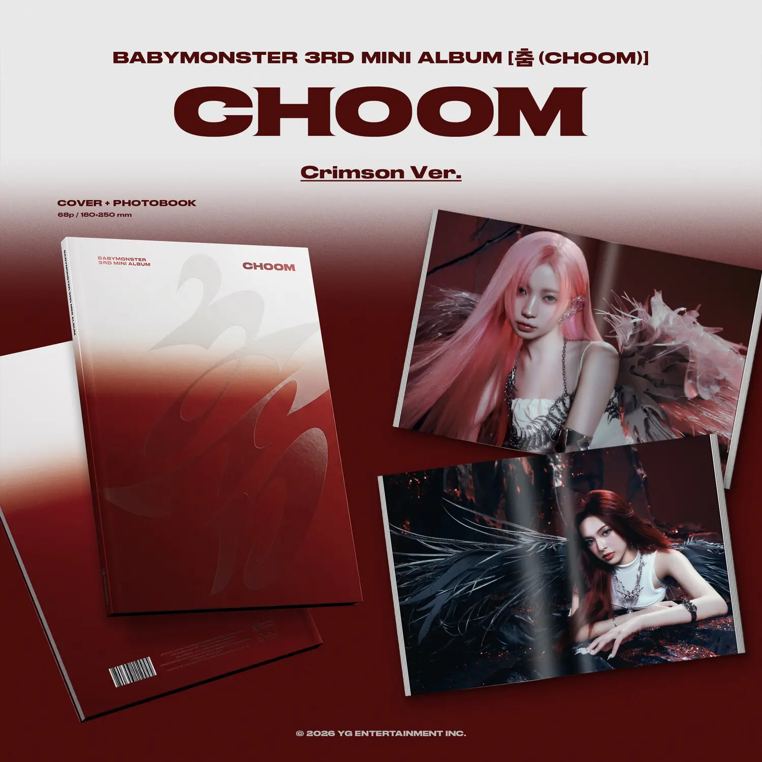 BABYMONSTER Band - Choom Music Compact Disc (CD), 2026 Release with Photocard, 6 Selfie Cards, Poster, Stickers, Logo Tag
