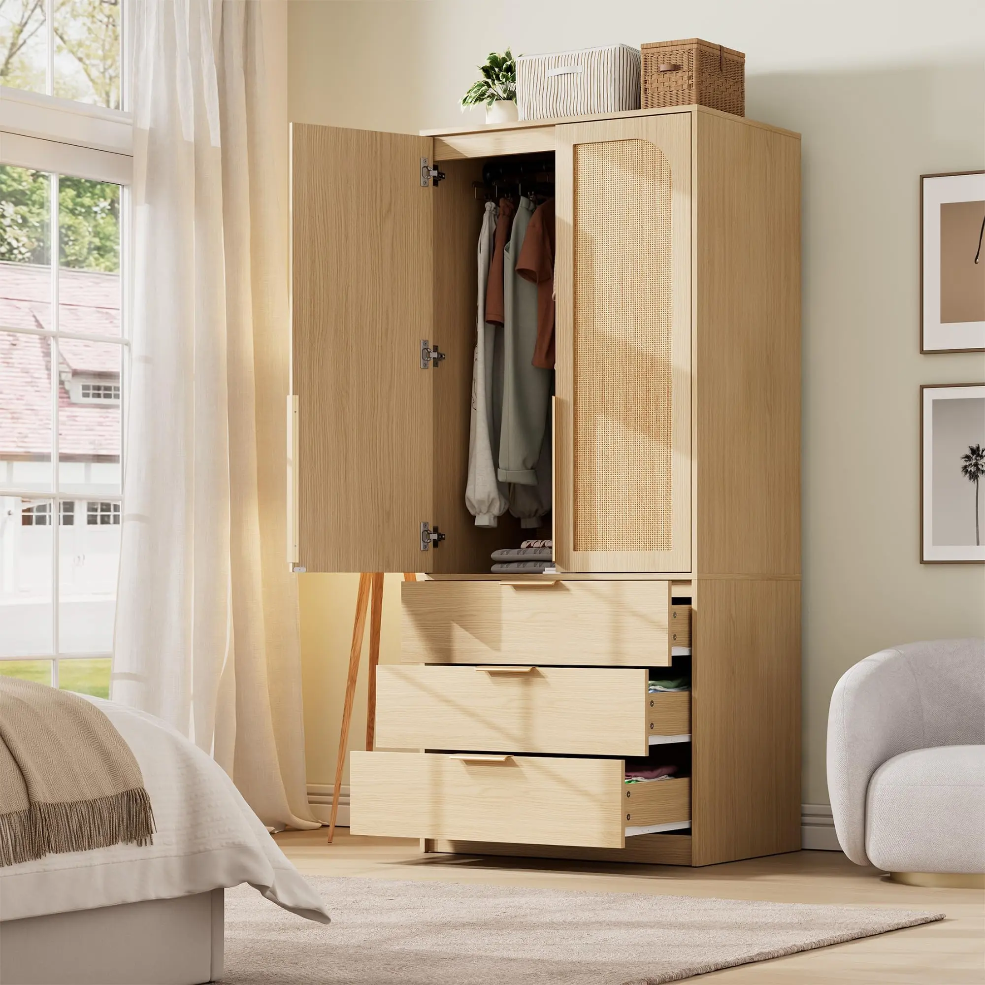 Modern Wooden 2-Door Rattan Wardrobe Armoire with 3 Drawers and Hanging Rod, Large Capacity Bedroom Storage Closet, Easy Assembly Clothes Organizer Cabinet in Natural and White Finish, Closet Rack Wardrobe, Clothes Closets
