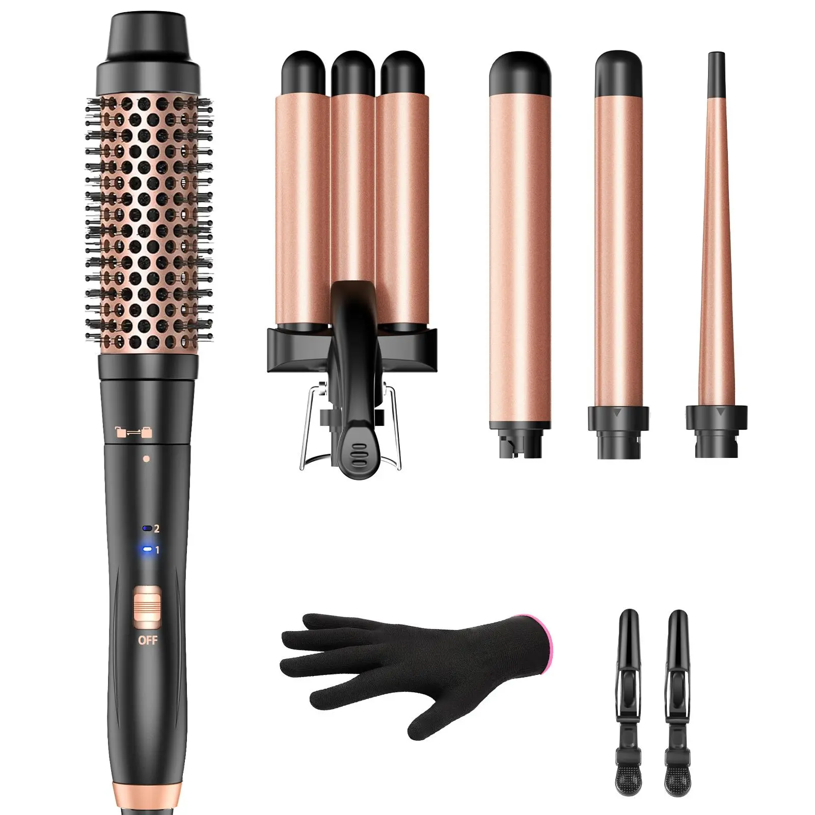 Bestope Pro 5-in-1 Curling Iron Set with Thermal Brush & 3 Barrels, Ceramic Coated, Dual Voltage, 2 Temp Settings,Special, Rose Gold Finish Rose Gold Springtok Waver Curler Machine Heated Curler Hair Curler Clips Pouch Curler Roller Curler Roller