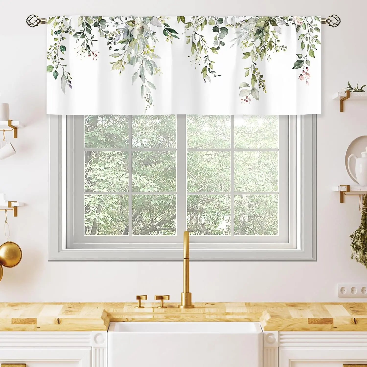 Sage Green Eucalyptus Leavses Valances Kitchen Curtains Watercolor Floral Flower  Botanical Farmhouse for Women Ptetty Bedroom Living Room  Tier Fabric 1 Panel 52Wx18H Inch