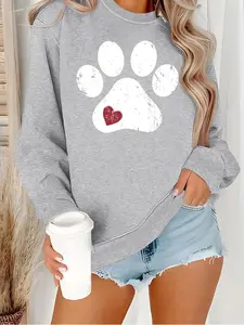 Women's Paw & Heart Print Geometric Round Neck Sweatshirt, Casual Long Sleeve Crew Neck Pullover for Fall & Winter, Women's Clothes for Daily Wear, Hoodie, Tops